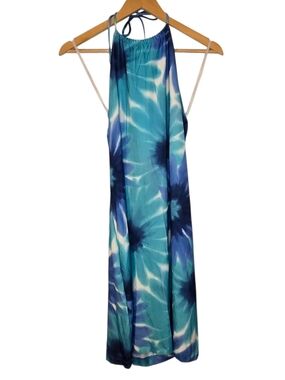 Blue Tie Dye Halter Dress Open Back Flowy Summer Beach Dress XL